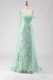 Floral Green One Shoulder Long Prom Dress with Side Cape