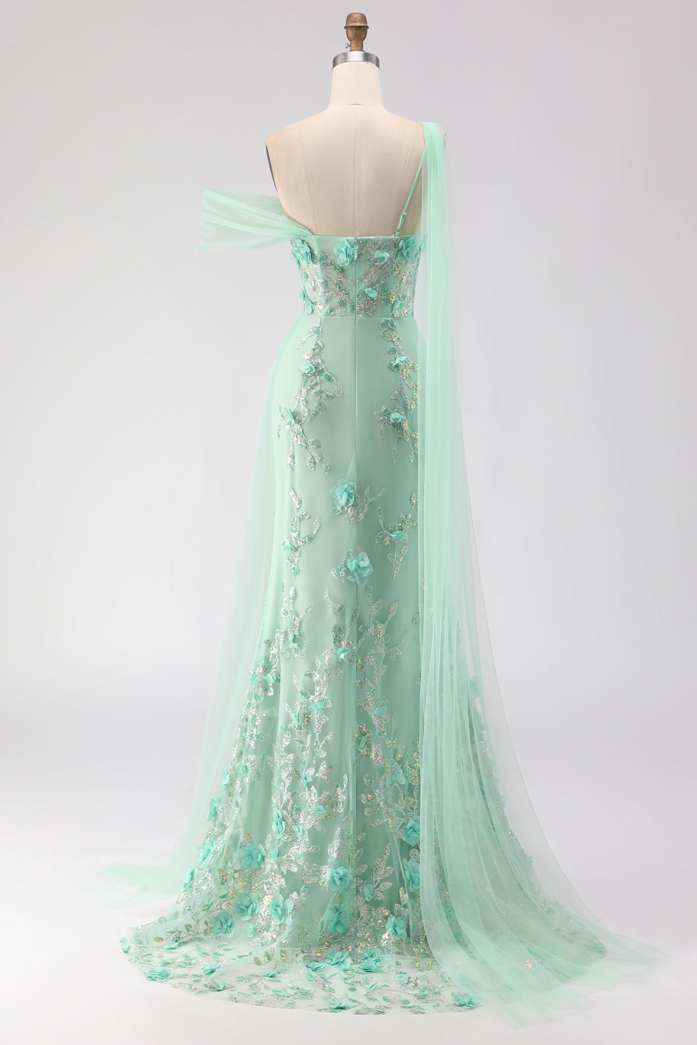 Floral Green One Shoulder Long Prom Dress with Side Cape