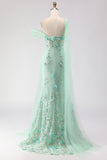 Floral Green One Shoulder Long Prom Dress with Side Cape