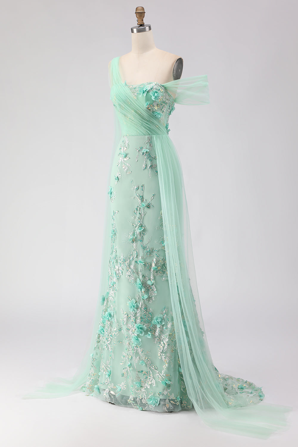 Floral Green One Shoulder Long Prom Dress with Side Cape