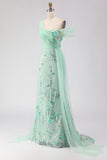 Floral Green One Shoulder Long Prom Dress with Side Cape