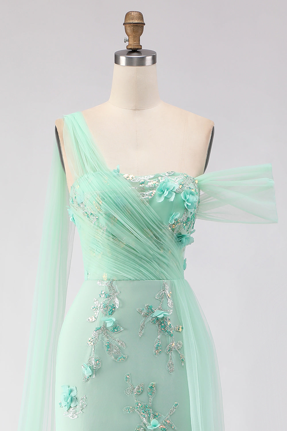 Floral Green One Shoulder Long Prom Dress with Side Cape