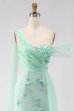 Floral Green One Shoulder Long Prom Dress with Side Cape