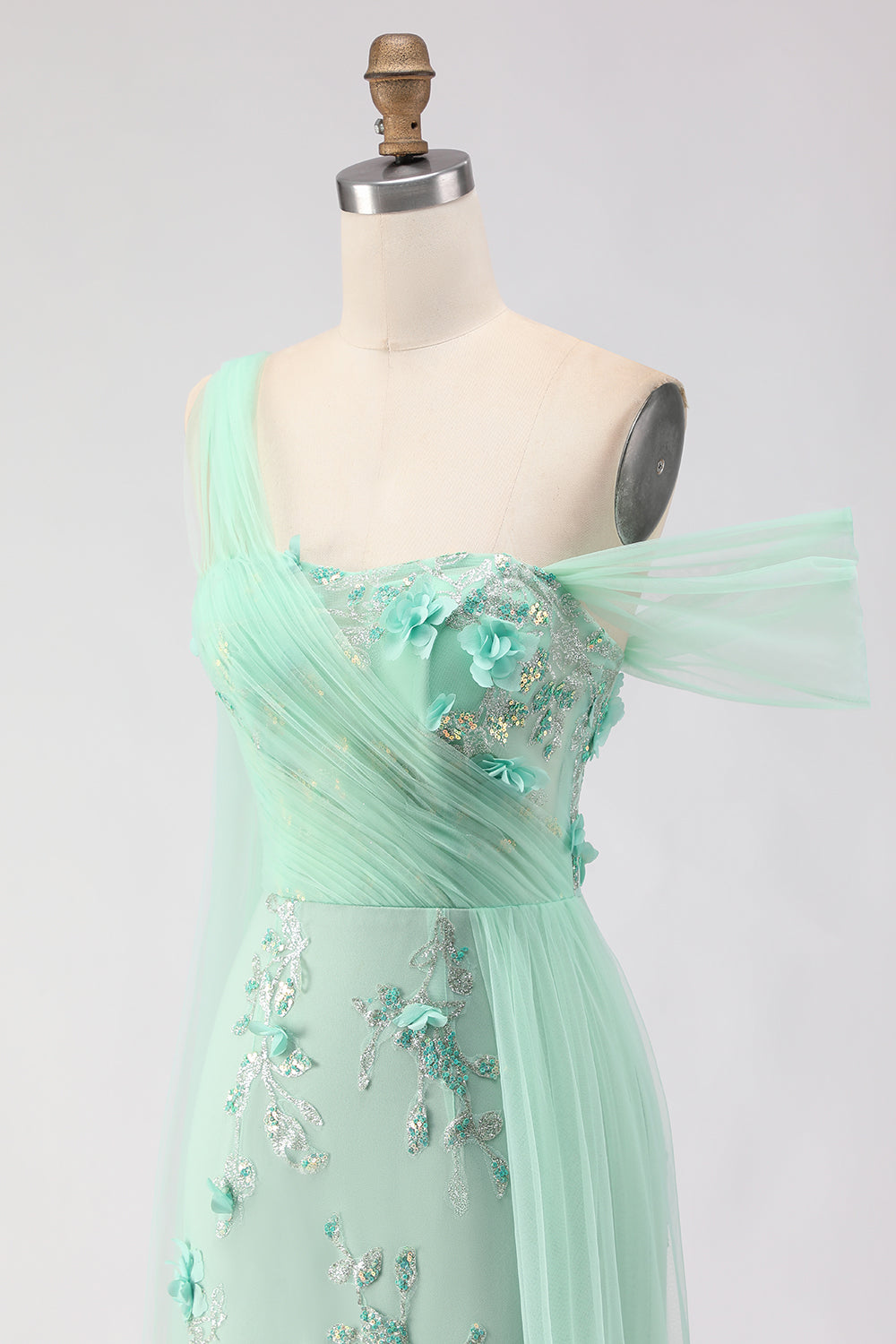 Floral Green One Shoulder Long Prom Dress with Side Cape