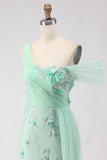 Floral Green One Shoulder Long Prom Dress with Side Cape
