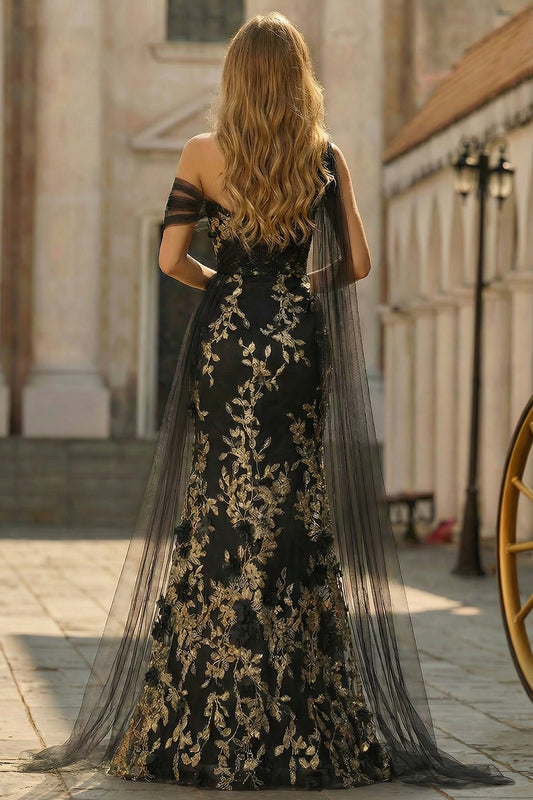 Plus Size Floral Black Golden One Shoulder Sheath Long Prom Dress with Side Cape