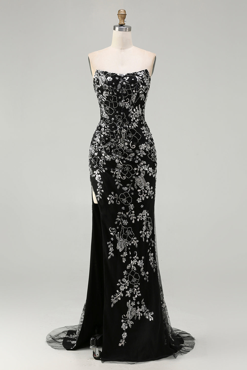 Sparkly Black Floral Mermaid Strapless Long Prom Dress with Beading