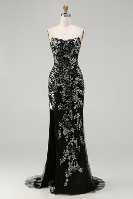 Sparkly Black Floral Mermaid Strapless Long Prom Dress with Beading