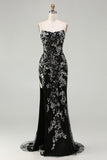 Sparkly Black Floral Mermaid Strapless Long Prom Dress with Beading