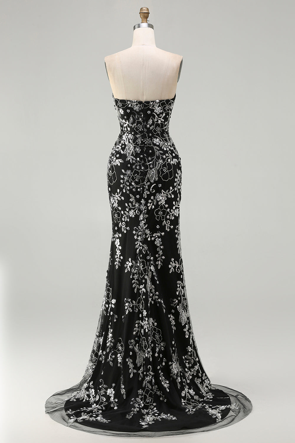 Sparkly Black Floral Mermaid Strapless Long Prom Dress with Beading