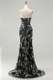 Sparkly Black Floral Mermaid Strapless Long Prom Dress with Beading