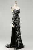 Sparkly Black Floral Mermaid Strapless Long Prom Dress with Beading