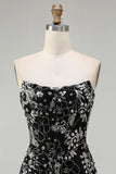 Sparkly Black Floral Mermaid Strapless Long Prom Dress with Beading