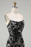 Sparkly Black Floral Mermaid Strapless Long Prom Dress with Beading