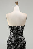 Sparkly Black Floral Mermaid Strapless Long Prom Dress with Beading