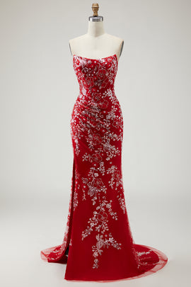 Sparkly Red Floral Mermaid Long Prom Dress with Beading