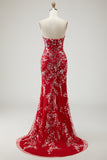 Sparkly Red Floral Mermaid Long Prom Dress with Beading