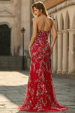 Sparkly Red Floral Mermaid Long Prom Dress with Beading