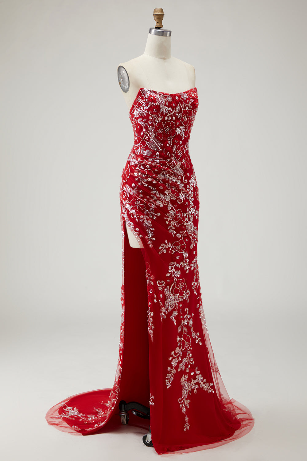 Sparkly Red Floral Mermaid Long Prom Dress with Beading