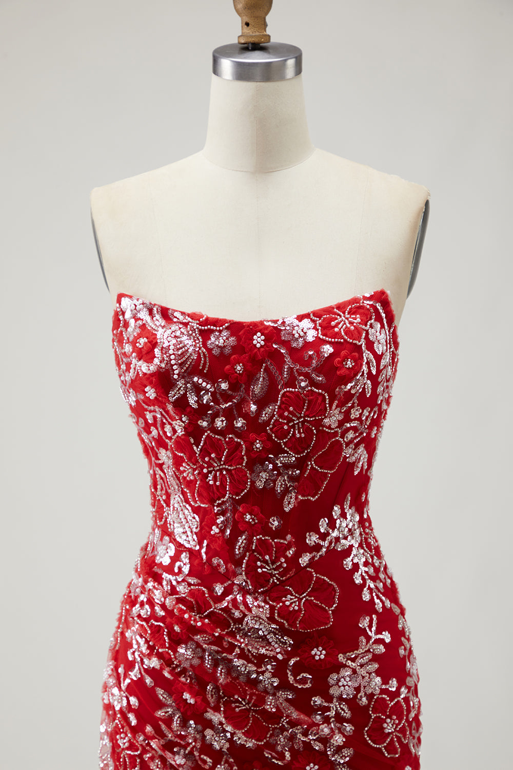 Sparkly Red Floral Mermaid Long Prom Dress with Beading