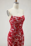 Sparkly Red Floral Mermaid Long Prom Dress with Beading