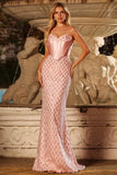 Sparkly Blush Mermaid Sequin Sweetheart Long Corset Prom Dress
