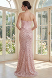 Basque Waist Sparkly Blush Long Corset Mermaid Formal Dress with Sequin