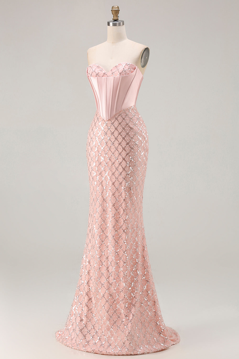 Sparkly Blush Mermaid Sequin Sweetheart Long Corset Prom Dress