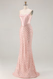 Sparkly Blush Mermaid Sequin Sweetheart Long Corset Prom Dress