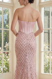 Basque Waist Sparkly Blush Long Corset Mermaid Formal Dress with Sequin