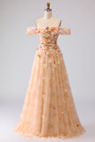 Plus Size Green Off the Shoulder Floral Long A Line Prom Dress with 3D Flowers