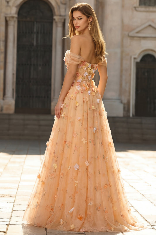 Champagne Floral Off the Shoulder A Line Long Prom Dress with 3D Flowers