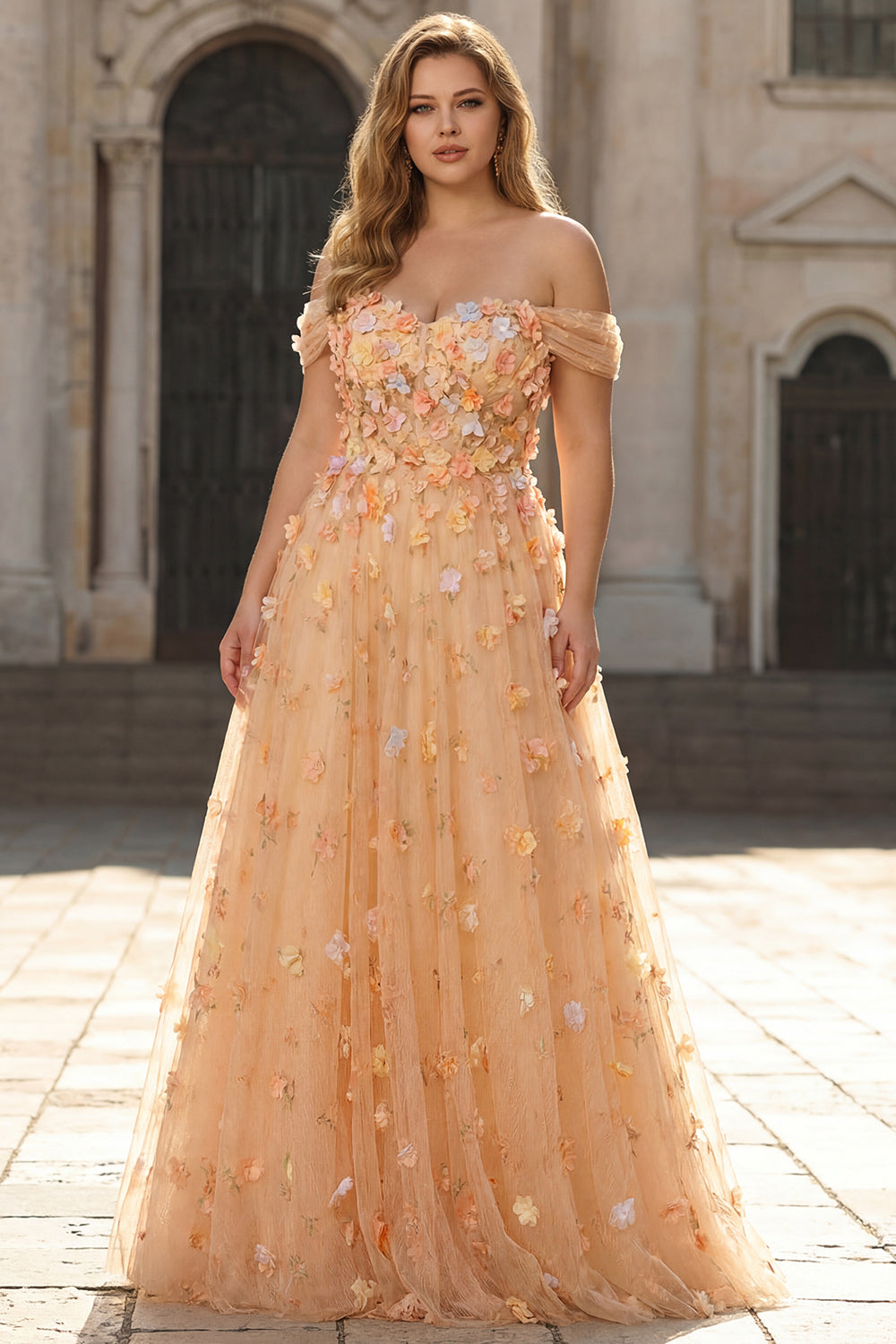 Plus Size Green Off the Shoulder Floral Long A Line Prom Dress with 3D Flowers