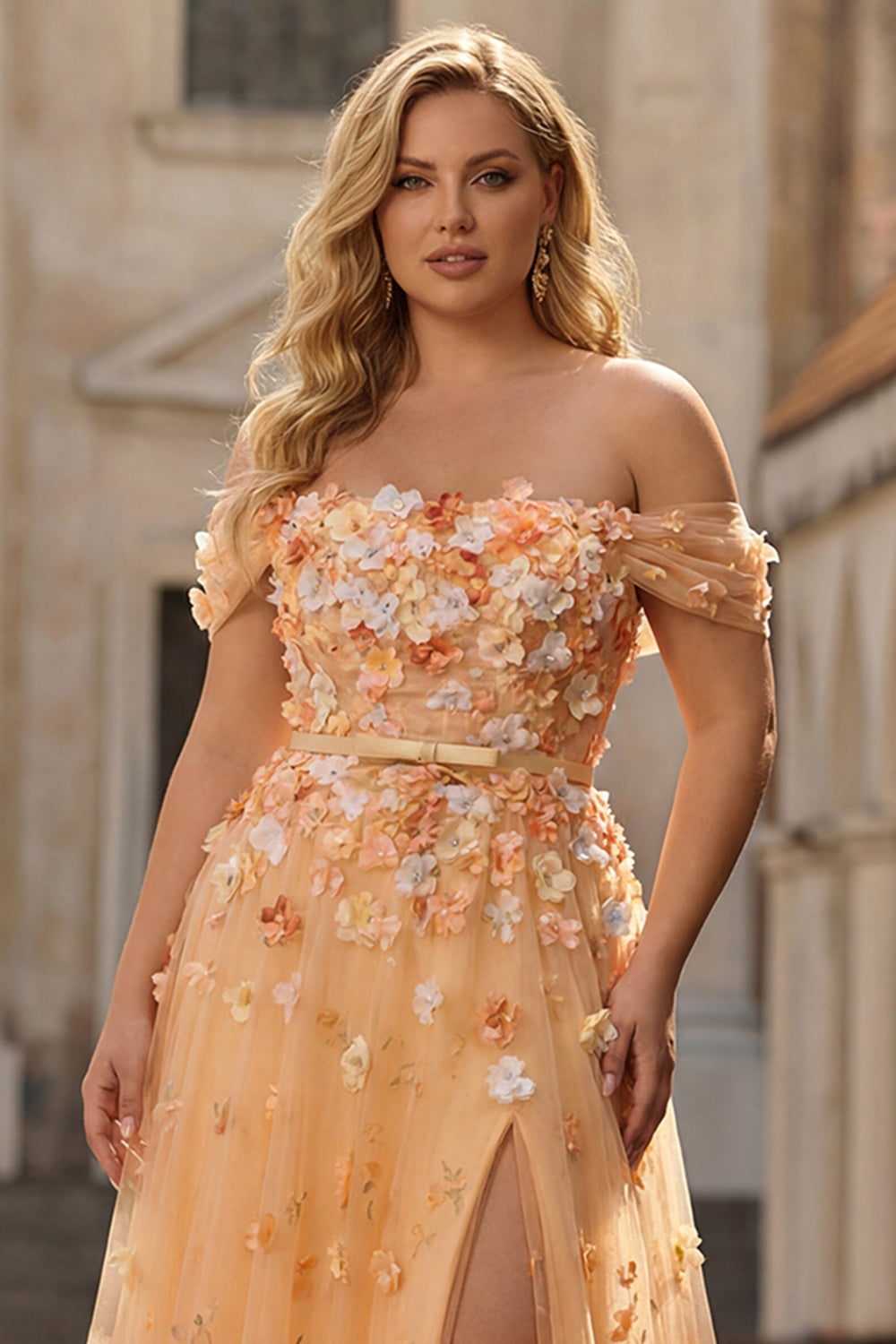 Plus Size Green Off the Shoulder Floral Long A Line Prom Dress with 3D Flowers