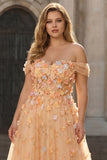 Plus Size Green Off the Shoulder Floral Long A Line Prom Dress with 3D Flowers