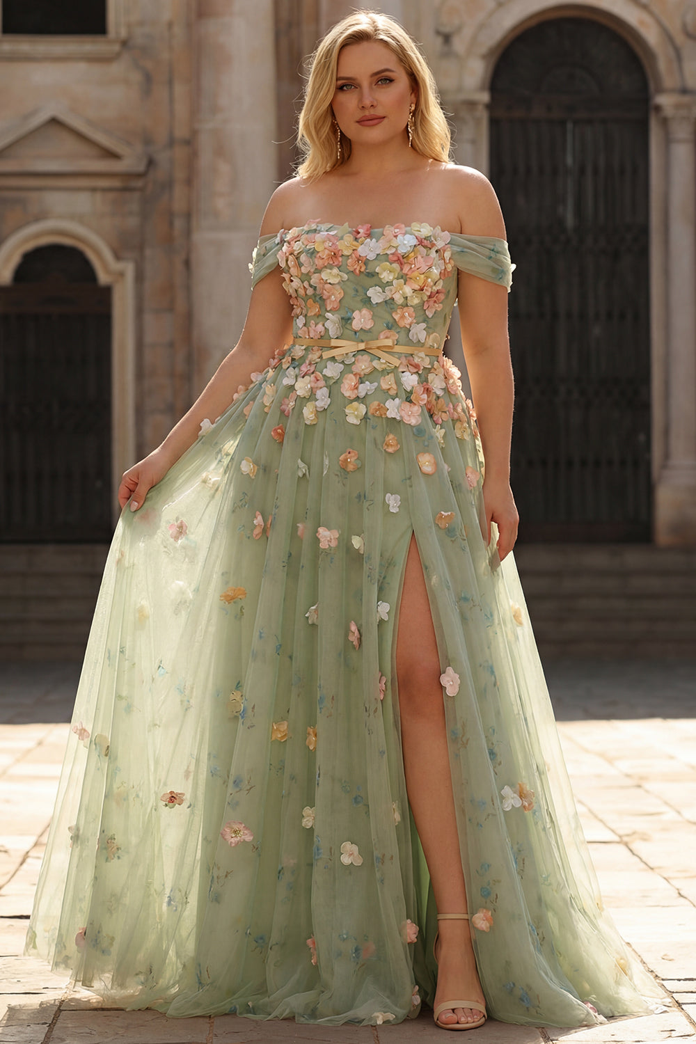 Plus Size Green Off the Shoulder Floral Long A Line Prom Dress with 3D Flowers