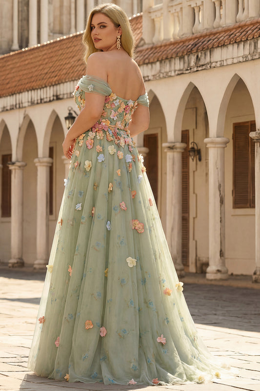 Plus Size Green Off the Shoulder Floral Long A Line Prom Dress with 3D Flowers