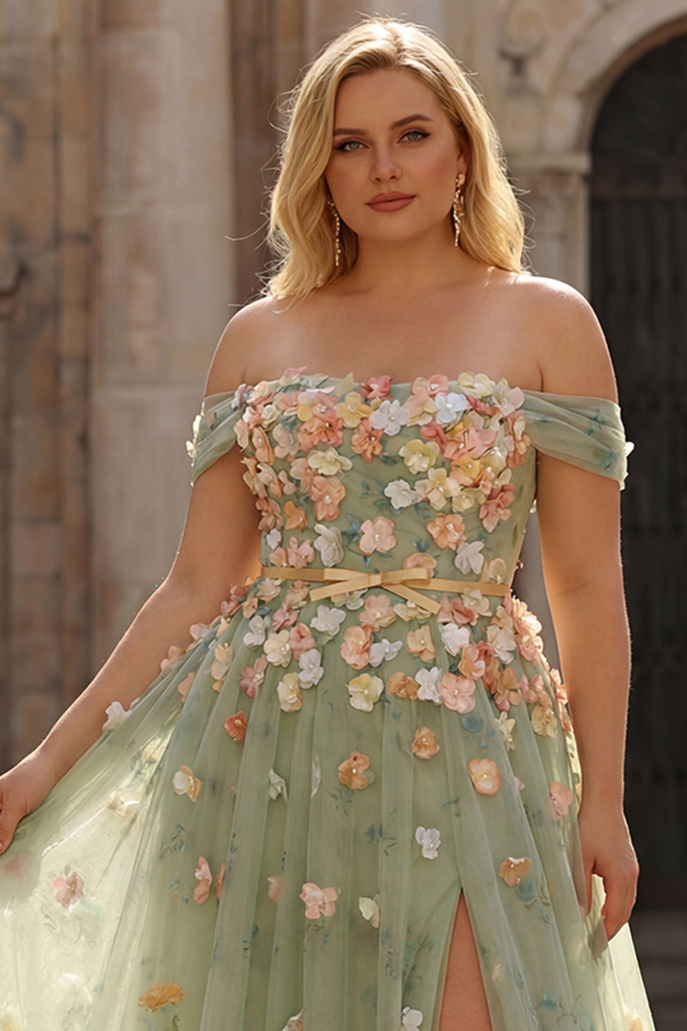 Plus Size Green Off the Shoulder Floral Long A Line Prom Dress with 3D Flowers