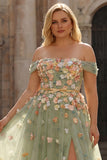 Plus Size Green Off the Shoulder Floral Long A Line Prom Dress with 3D Flowers