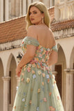 Plus Size Green Off the Shoulder Floral Long A Line Prom Dress with 3D Flowers