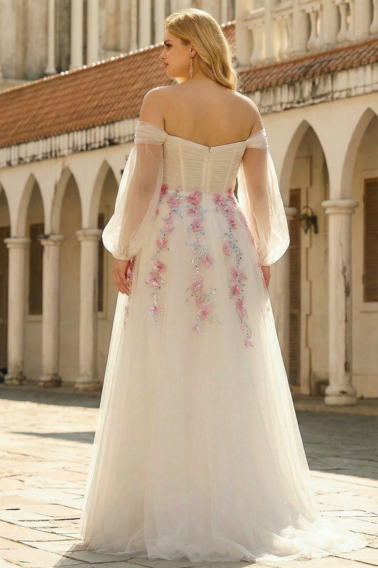 Plus Size Floral Sparkly White A Line Tulle Long Prom Dress with Sequins