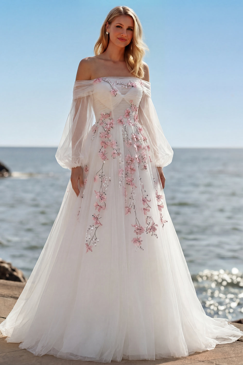 Floral Sparkly White A Line Tulle Long Sleeves Prom Dress with Sequins