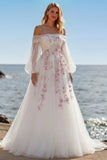 Floral Sparkly White A Line Tulle Long Sleeves Prom Dress with Sequins