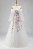 Floral Sparkly White A Line Tulle Long Sleeves Prom Dress with Sequins