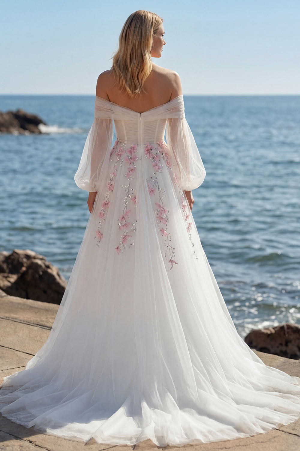 Floral Sparkly White A Line Tulle Long Sleeves Prom Dress with Sequins