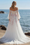 Floral Sparkly White A Line Tulle Long Sleeves Prom Dress with Sequins