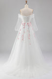 Floral Sparkly White A Line Tulle Long Sleeves Prom Dress with Sequins