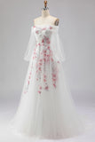 Floral Sparkly White A Line Tulle Long Sleeves Prom Dress with Sequins