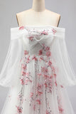 Floral Sparkly White A Line Tulle Long Sleeves Prom Dress with Sequins