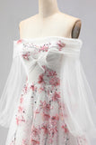 Floral Sparkly White A Line Tulle Long Sleeves Prom Dress with Sequins